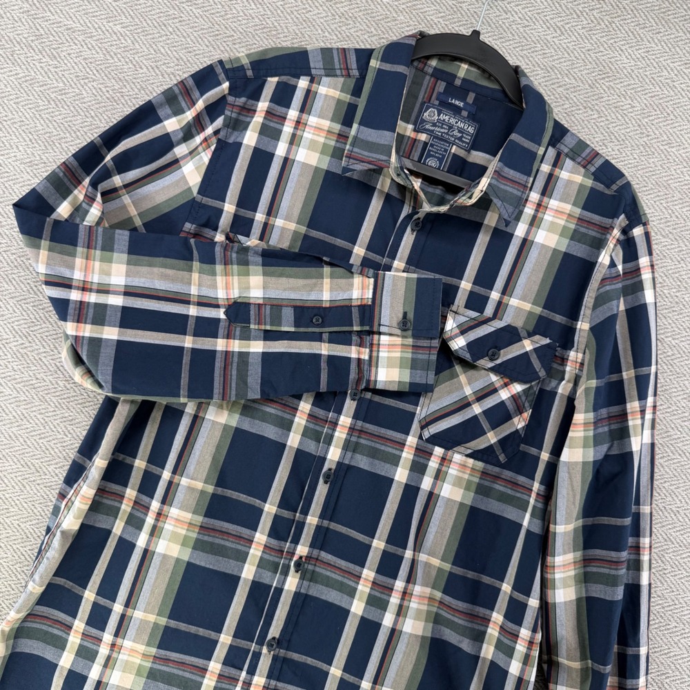 American Rag Button Down Shirt Large Blue Cotton Blend Plaid Long Sleeve Casual